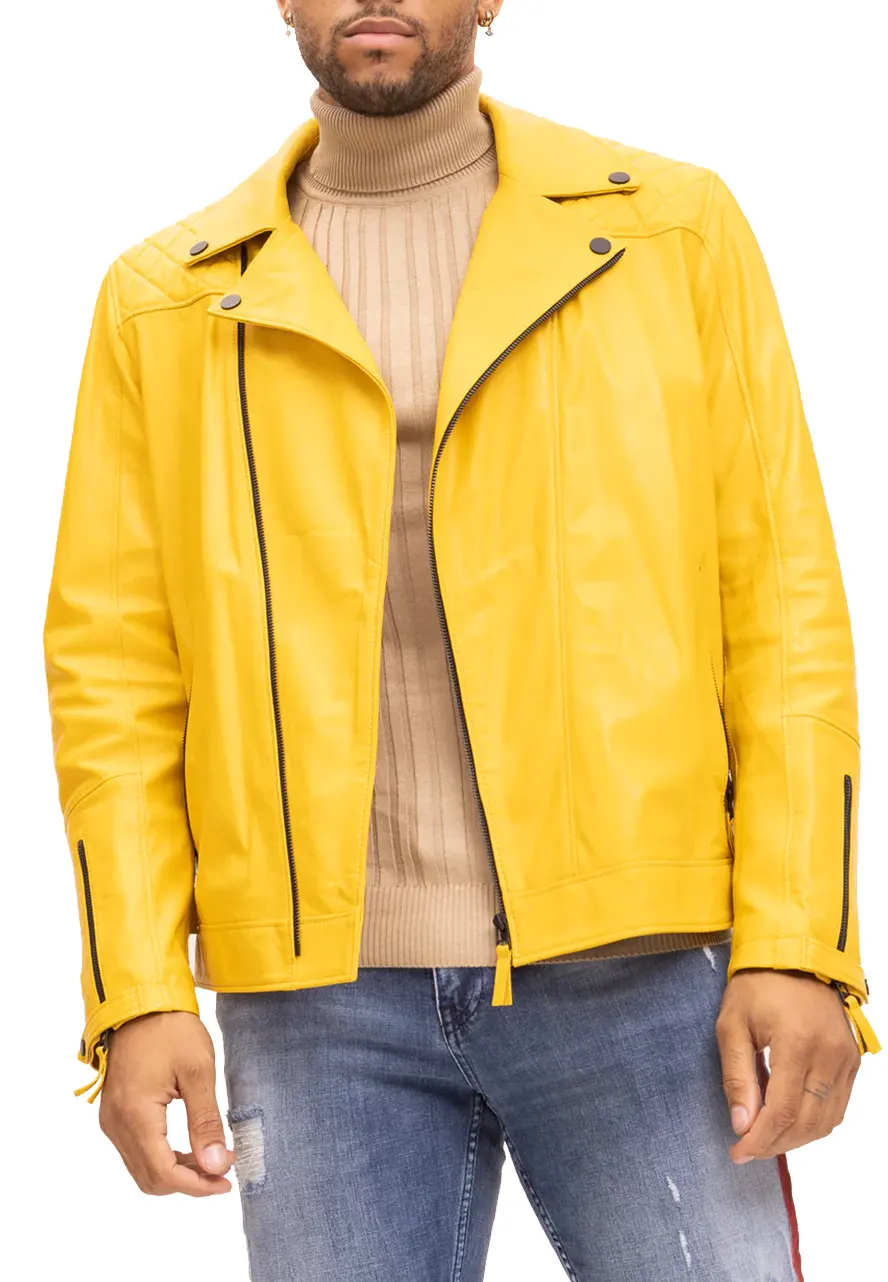 Mens Yellow Leather Motorcycle Jacket – Front Men's yellow leather motorcycle jacket front view