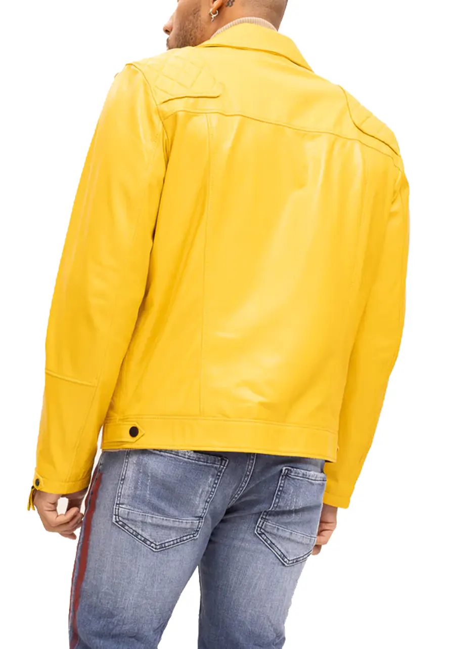 Mens Yellow Leather Motorcycle Jacket – Back Yellow motorcycle jacket back view men
