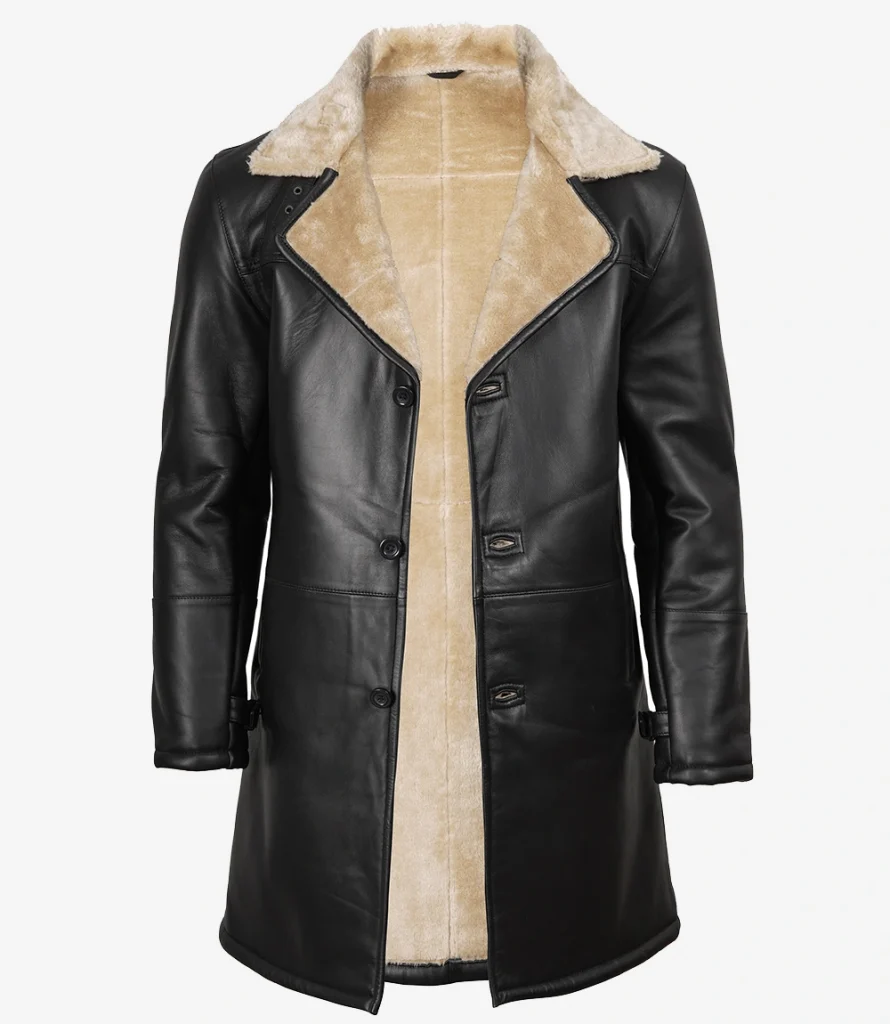 Shearling Leather Winter Coat in black, men's front view