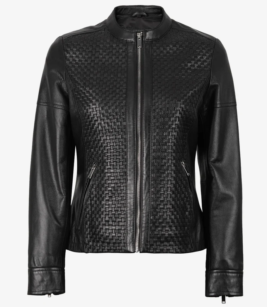 Women's slim fit leather jacket in black — front view