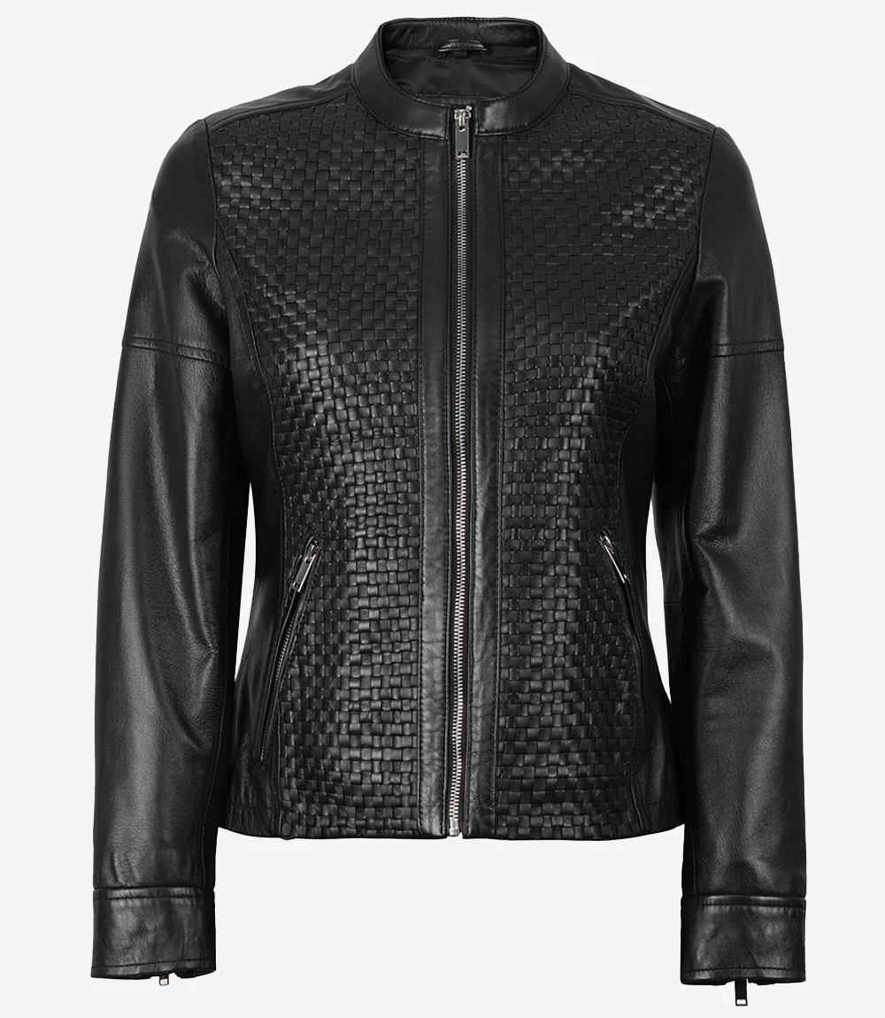 Women's Slim Fit Leather Jacket – Front View Women's slim fit leather jacket in black — front view
