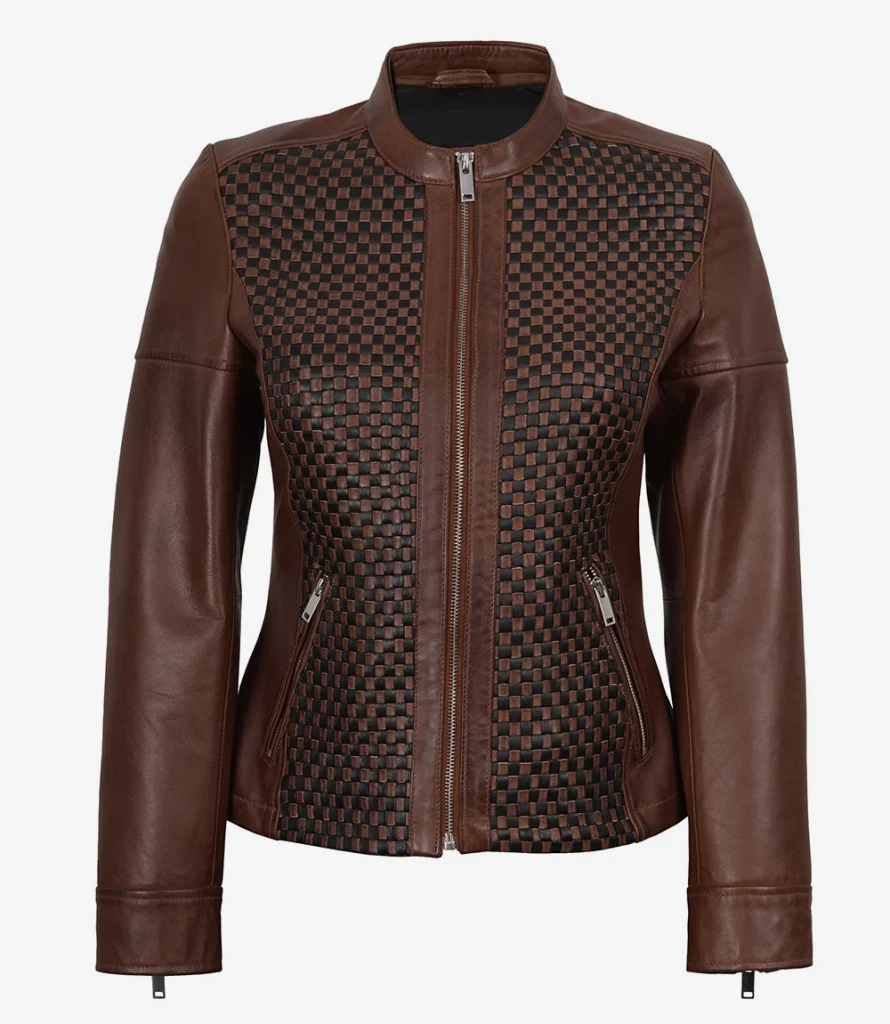 Women's textured leather jacket in cognac — front view