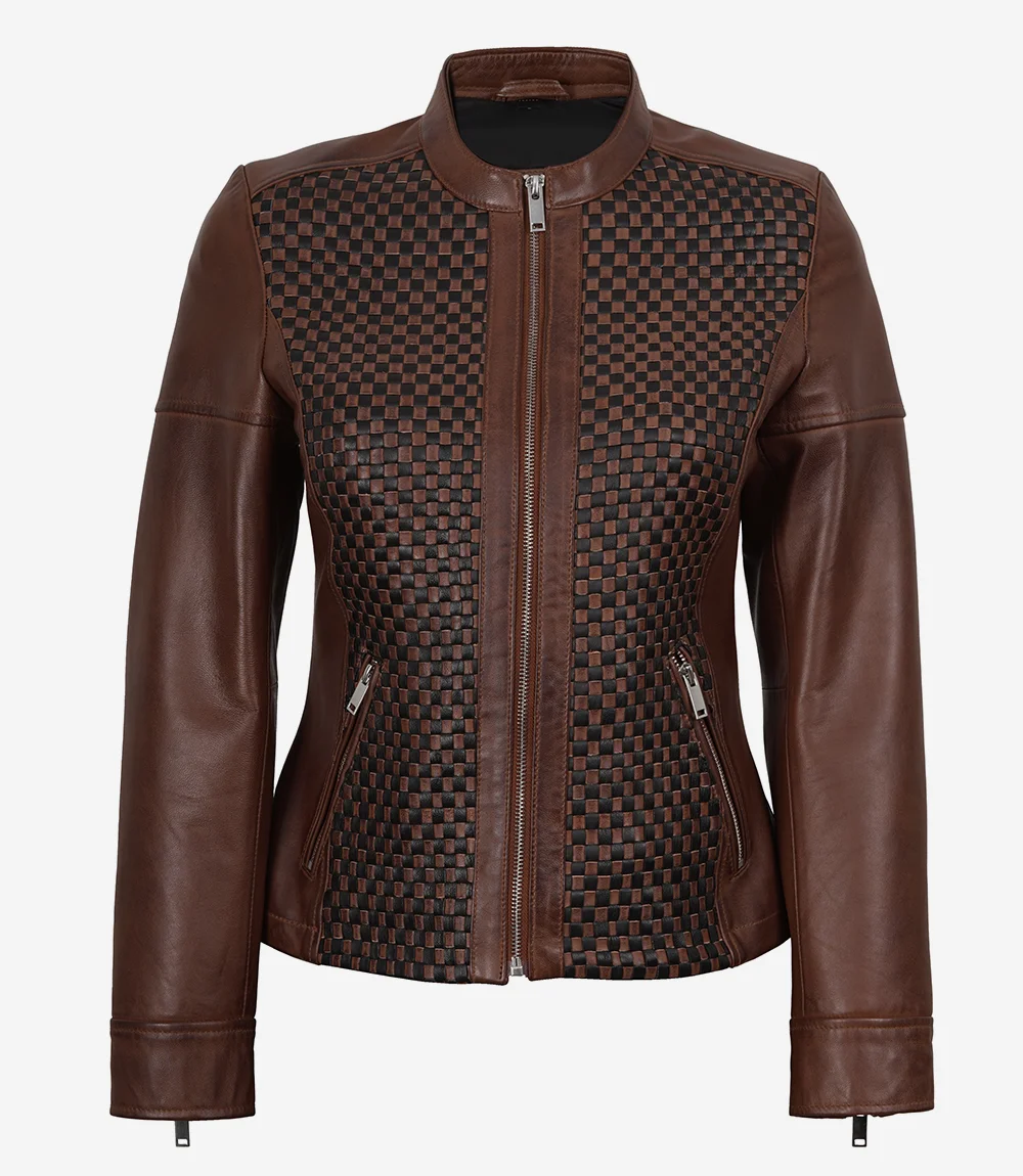 Women's Textured Leather Jacket – Front View Women's textured leather jacket in cognac — front view