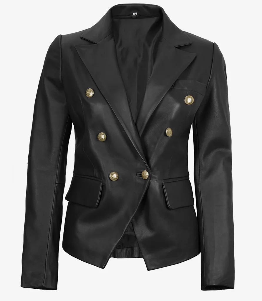 Women's leather blazer in black — front view