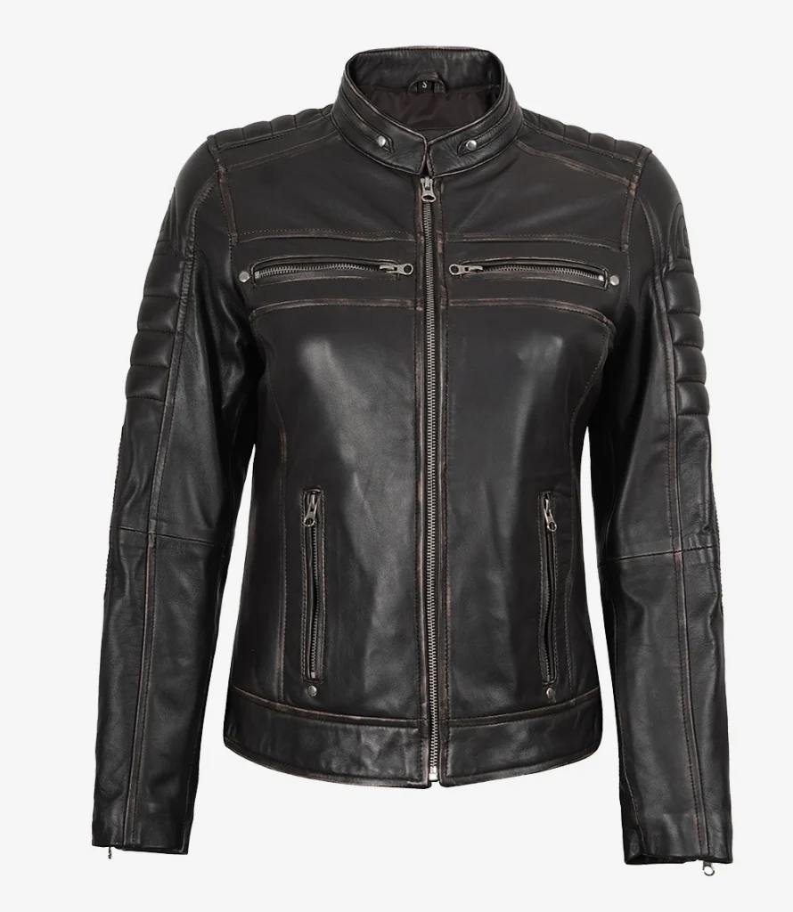 Women's cafe racer jacket in distressed brown — front view