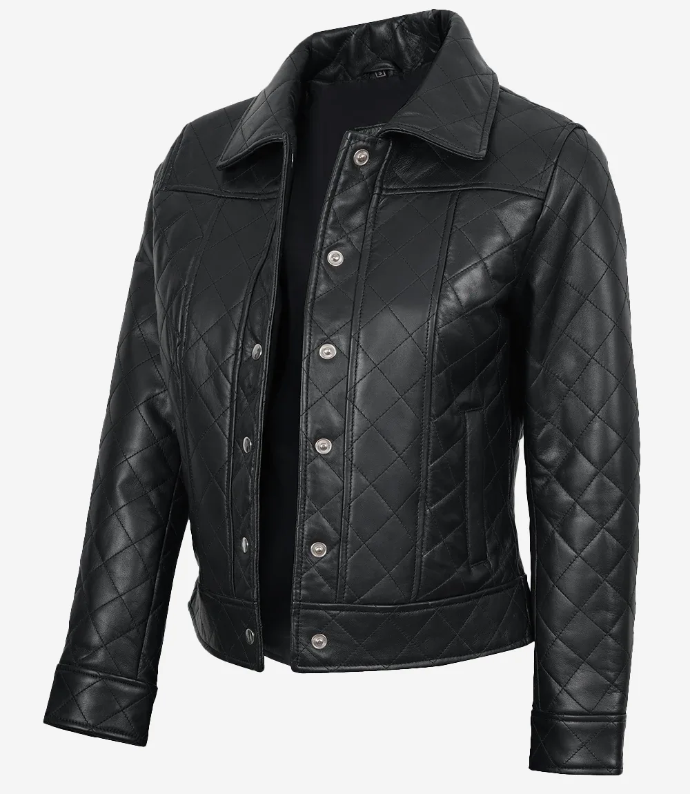 Women's Quilted Leather Jacket – Front View Women's quilted leather jacket in black — front view