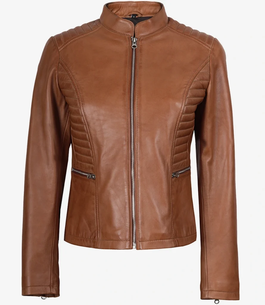 Women's cognac leather jacket — front view