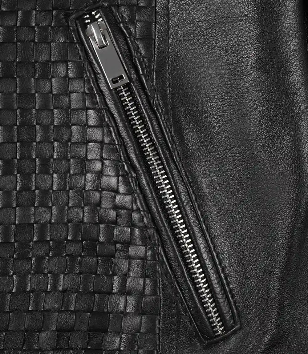 Women's Slim Fit Leather Jacket – Texture Detail Close-up of textured front panel on black leather jacket
