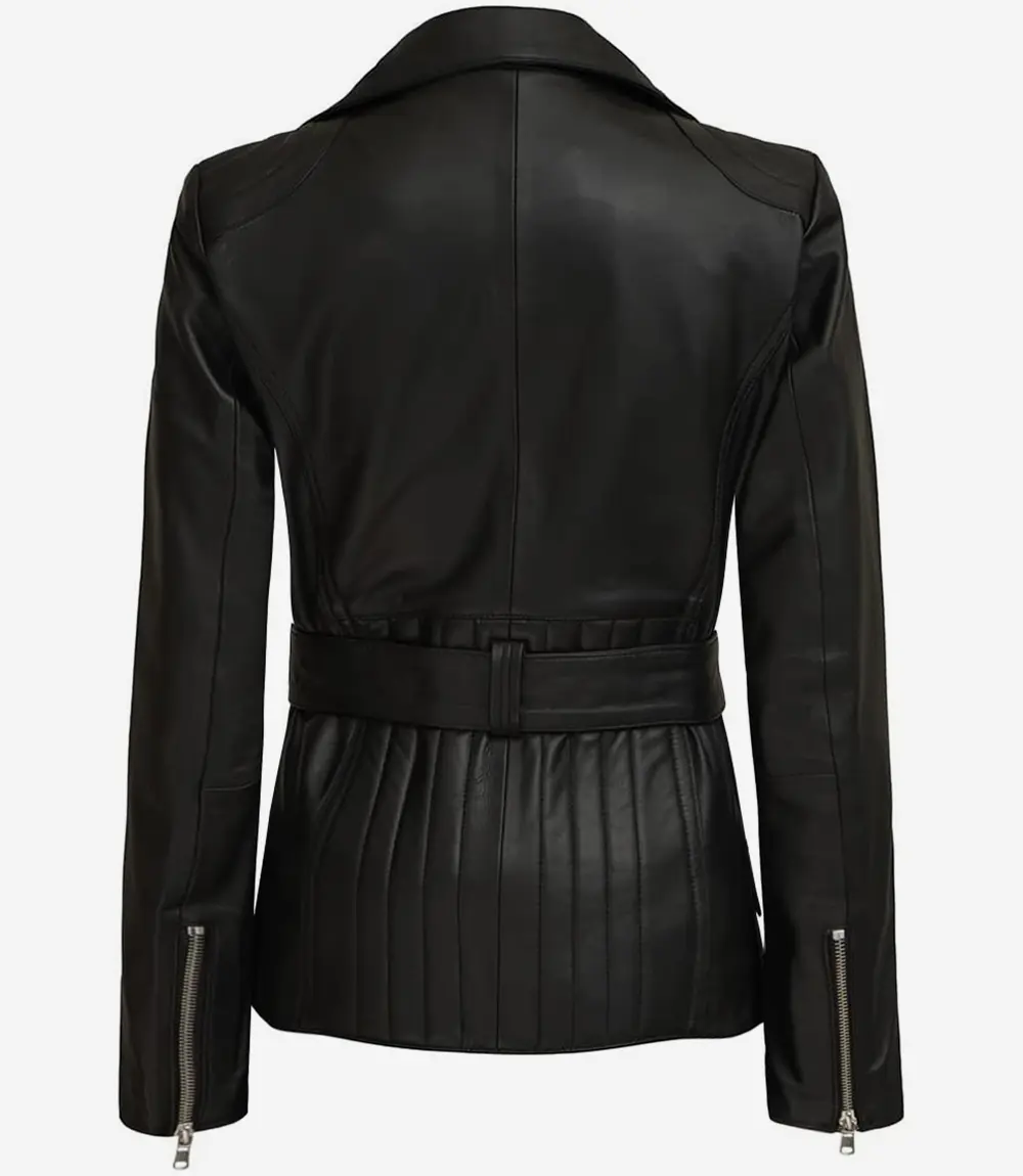 Women's Belted Leather Jacket – Back View Women's black belted leather jacket back view