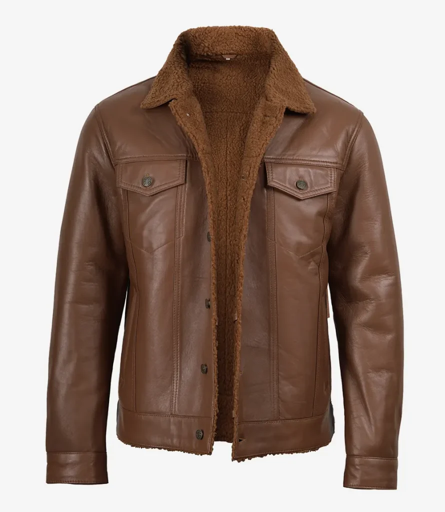 Sherpa Trucker Jacket in cognac leather, men's front view