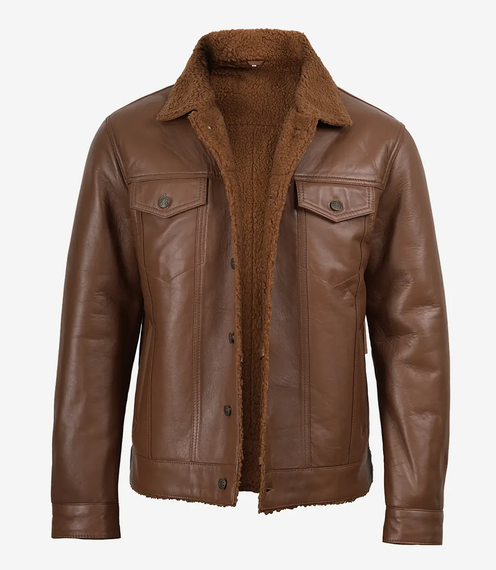 Sherpa Trucker Jacket – Front View Sherpa Trucker Jacket in cognac leather, men's front view
