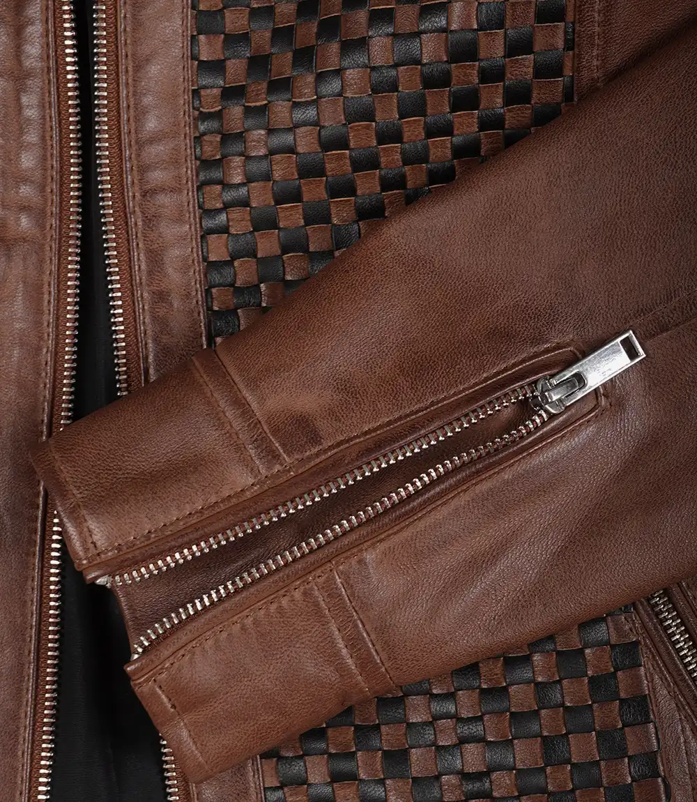 Women's Textured Leather Jacket – Texture Detail Close-up of checkered texture panel on cognac leather jacket