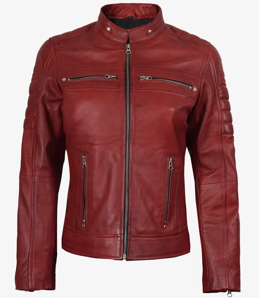 Women's red leather jacket — front view