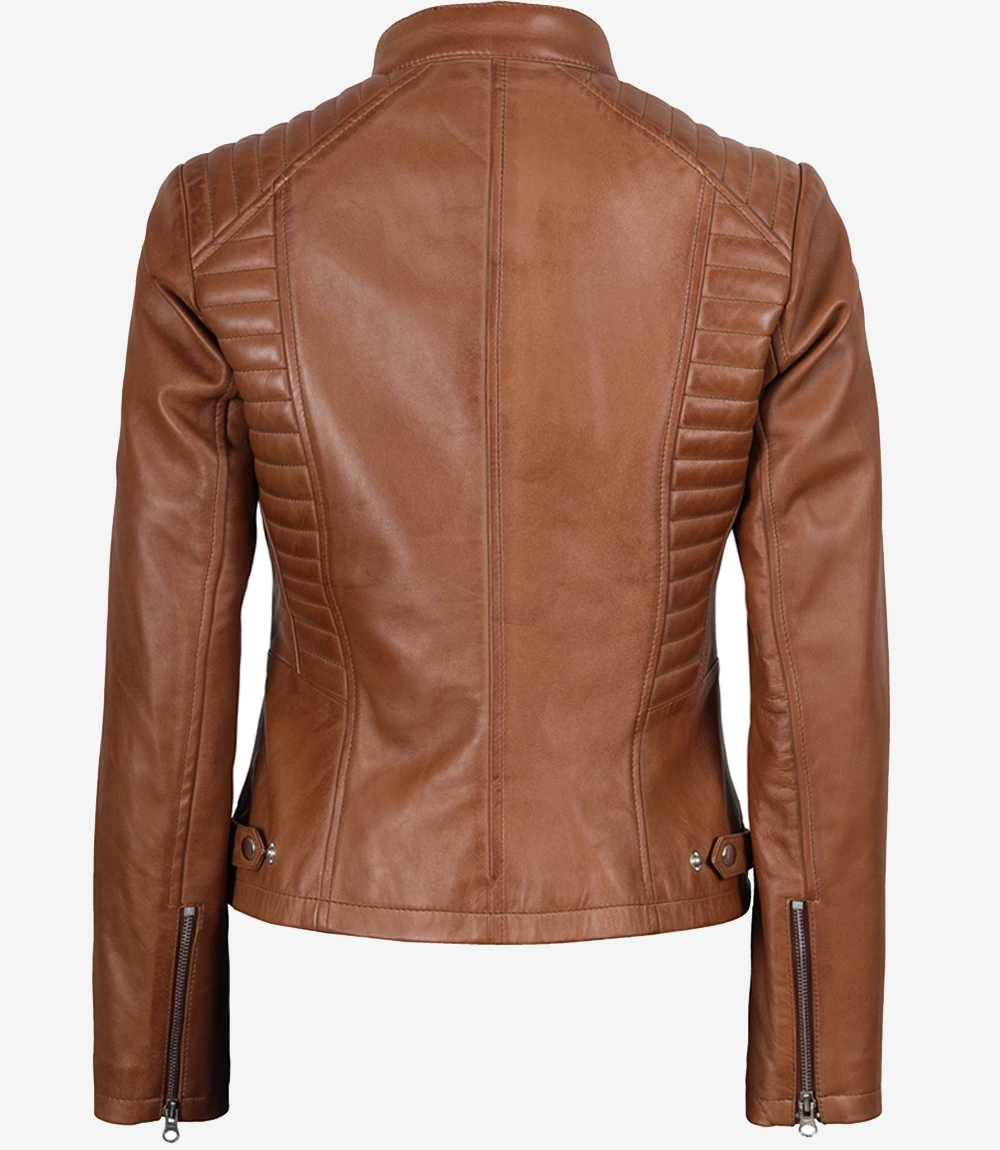 Women's Cognac Leather Jacket – Back View Women's cognac leather jacket back view showing quilted shoulder detail