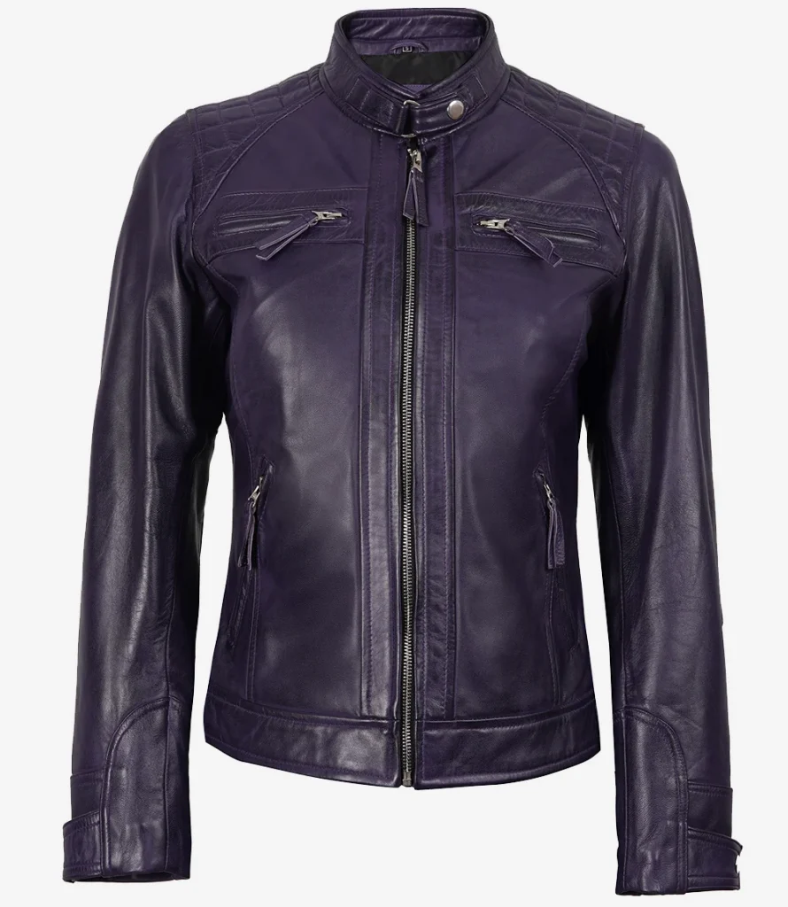 Women's purple leather jacket — front view
