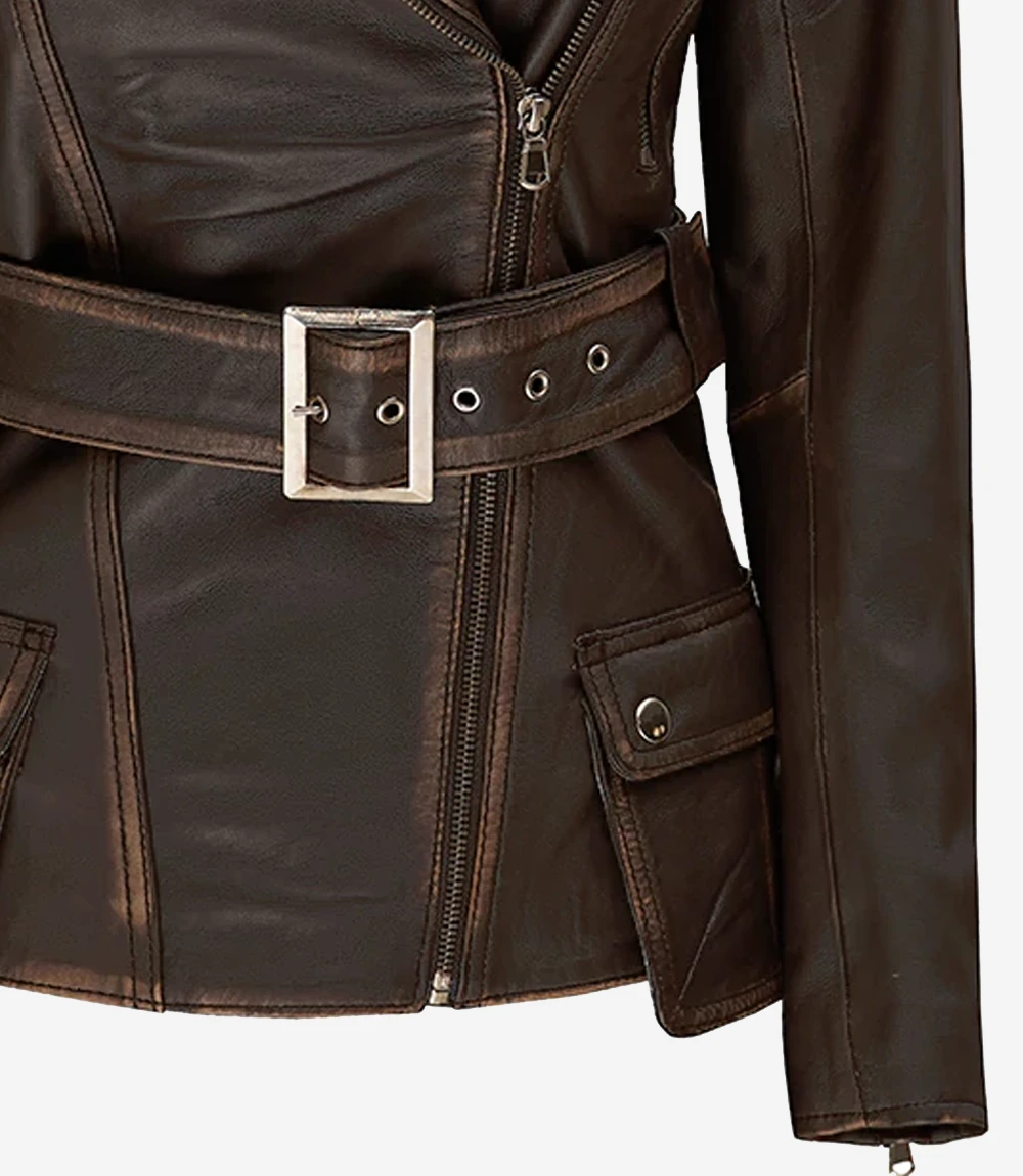Women's Distressed Leather Jacket – Belt and Zip Detail Close-up of belted waist and asymmetrical zip on distressed leather jacket