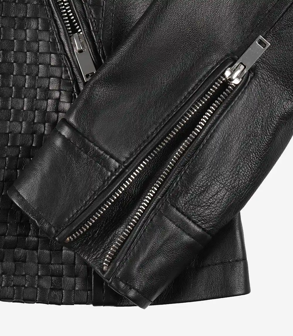 Women's Slim Fit Leather Jacket – Texture Detail Close-up of textured front panel on black leather jacket