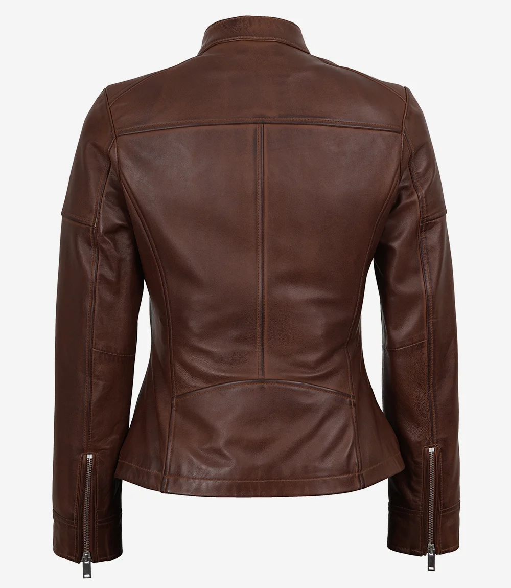 Women's Textured Leather Jacket – Back View Women's cognac textured leather jacket back view