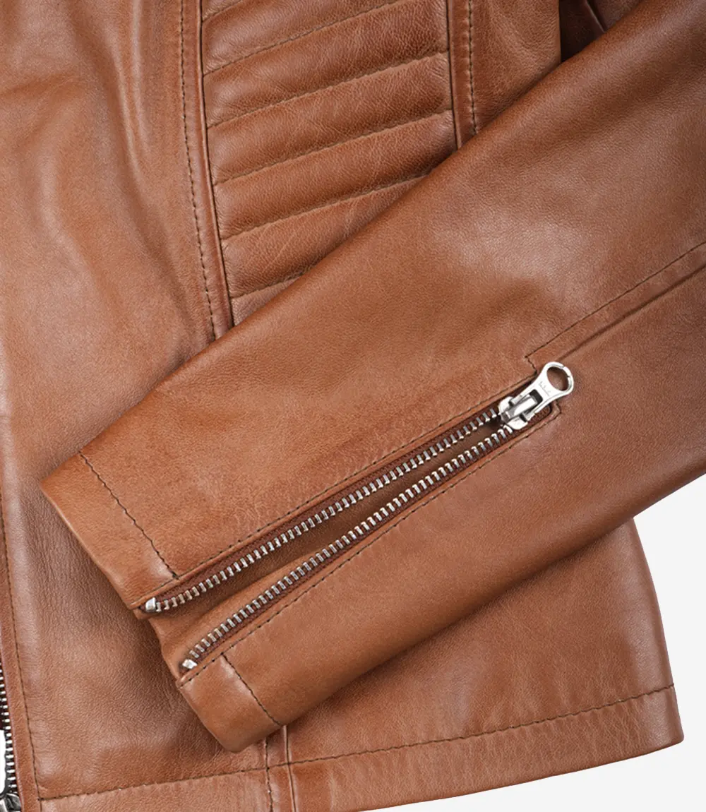 Women's Cognac Leather Jacket – Collar and Zip Detail Close-up of mandarin collar and zip closure on cognac leather jacket