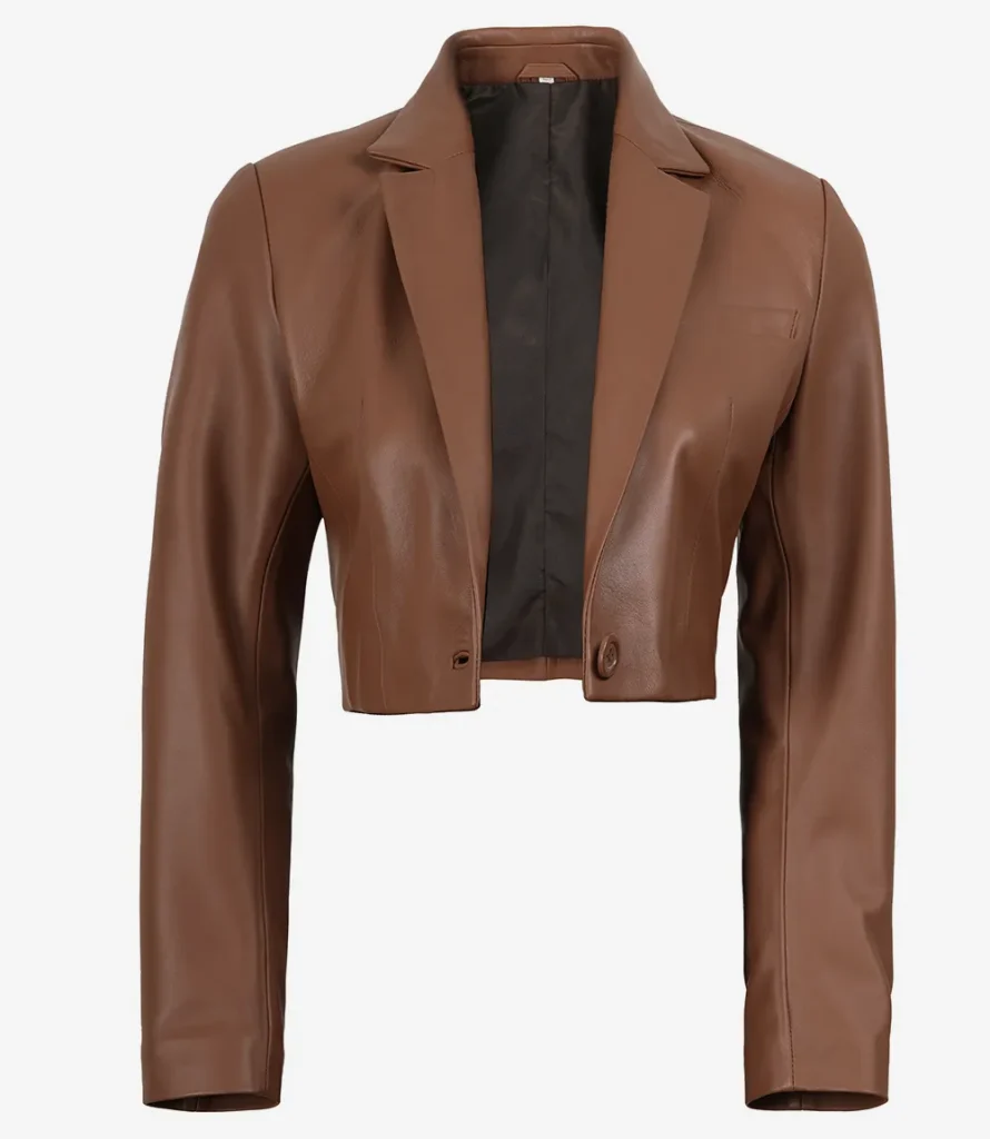 Leather Cropped Blazer in cognac, women's front view