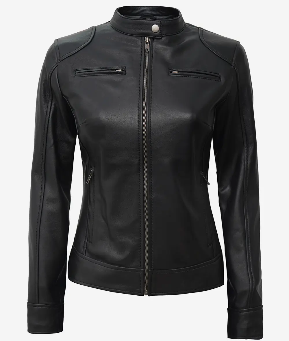 Women's Leather Biker Jacket – Collar and Zip Detail Close-up of zip closure and snap-button collar on black leather jacket