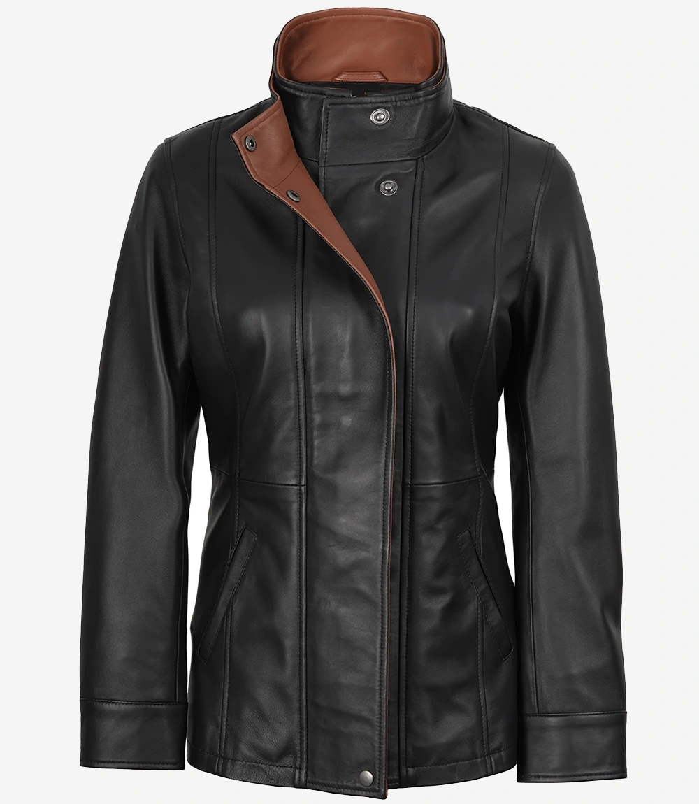 Women's Black Leather Jacket – Collar Detail Close-up of high collar and brown contrast lining on black leather jacket