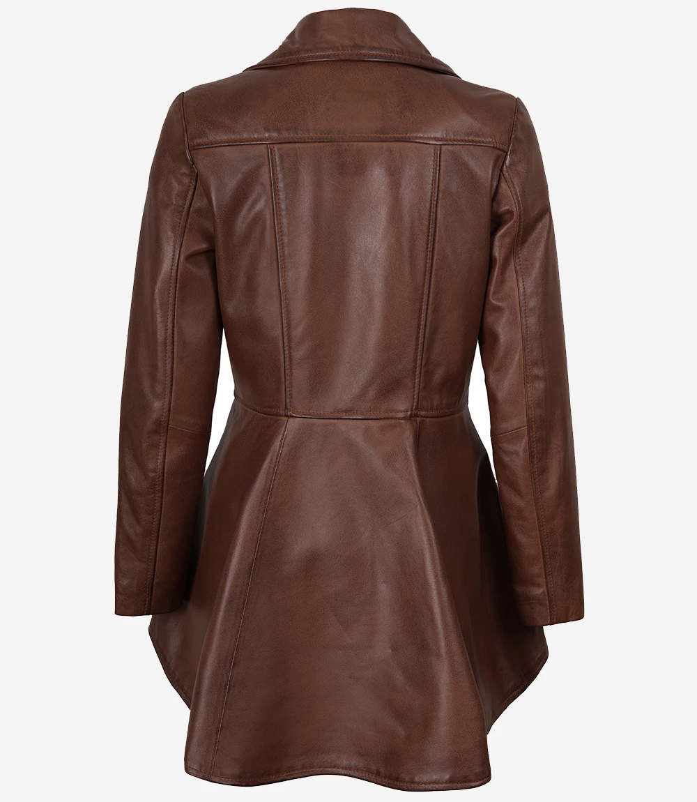 Women's Peplum Leather Jacket – Back View Women's cognac peplum leather jacket back view showing flared hem