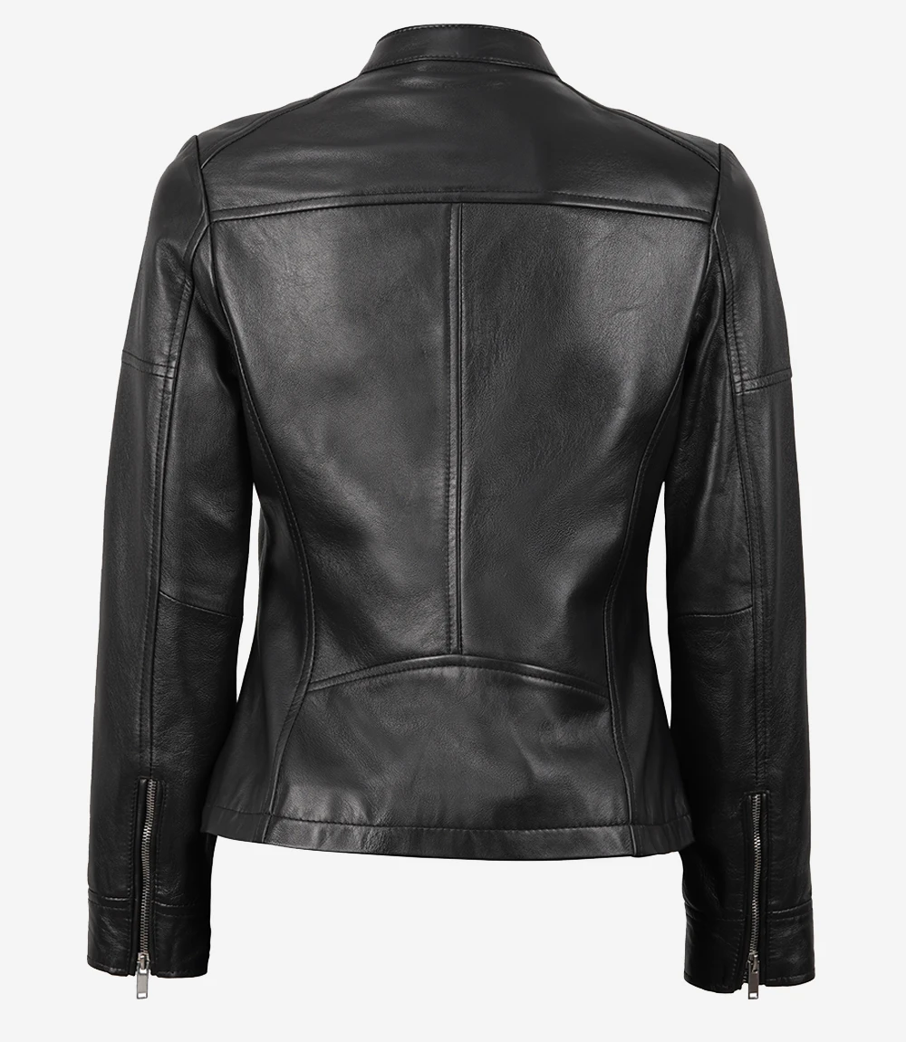Women's Slim Fit Leather Jacket – Back View Women's black slim fit leather jacket back view