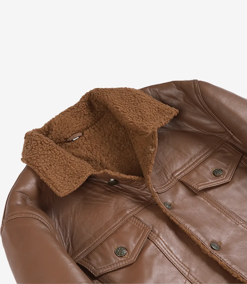 Sherpa Trucker Jacket – Detail Shot Close-up detail of Sherpa Trucker Jacket collar and buttons