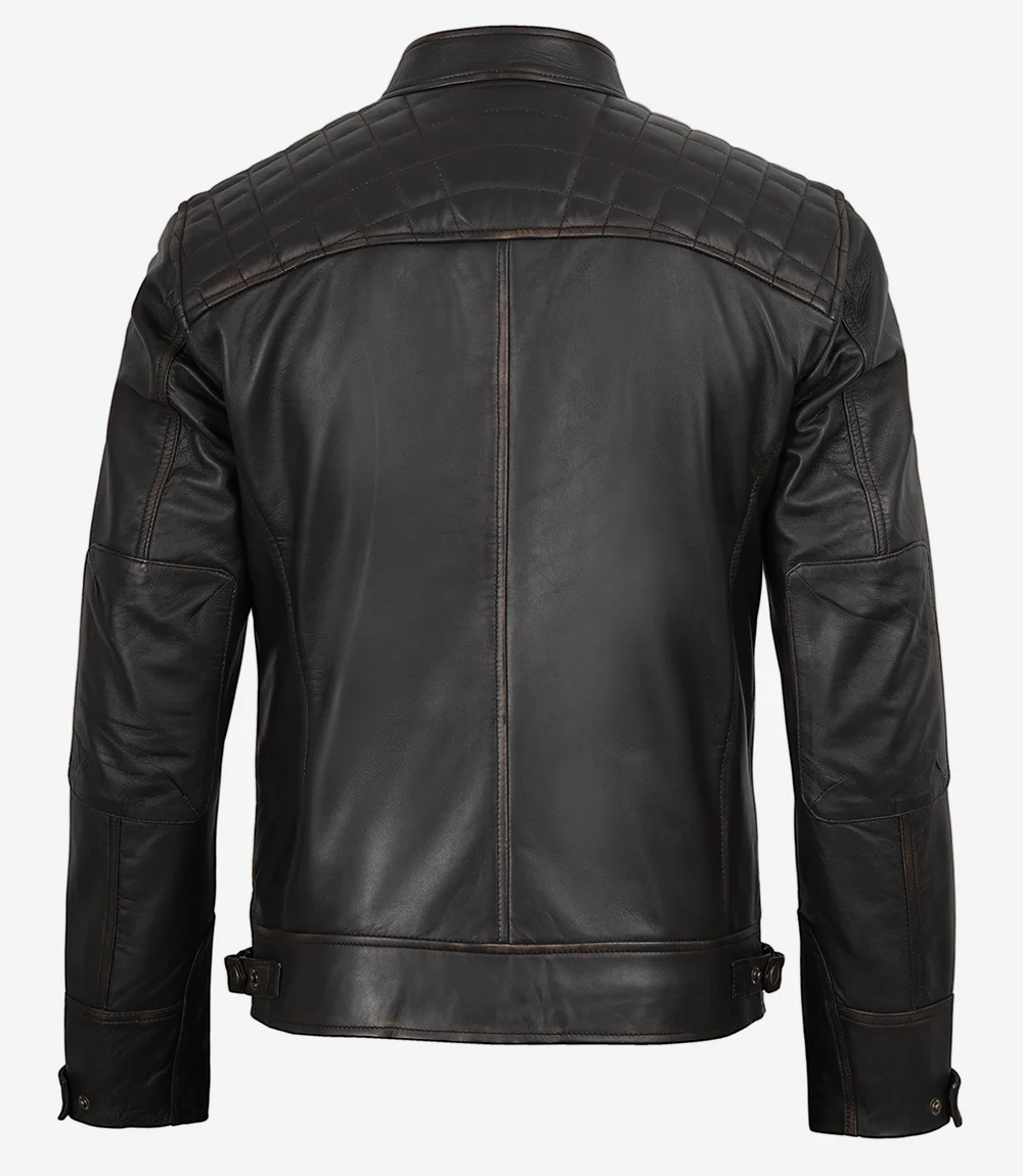 Men's Brown Leather Jacket – Back View Men's dark brown leather jacket back view showing quilted shoulders