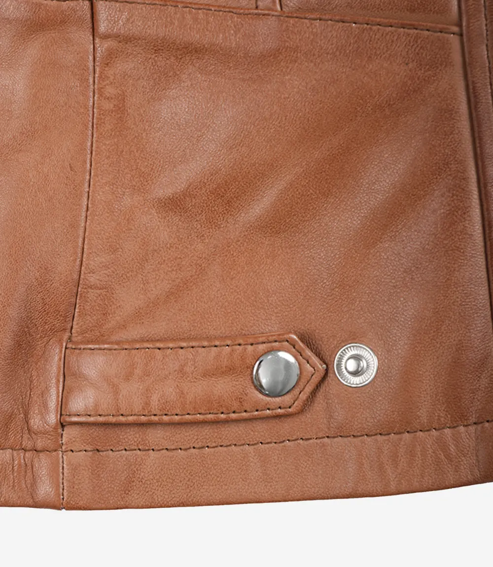 Women's Cognac Leather Jacket – Collar and Zip Detail Close-up of mandarin collar and zip closure on cognac leather jacket