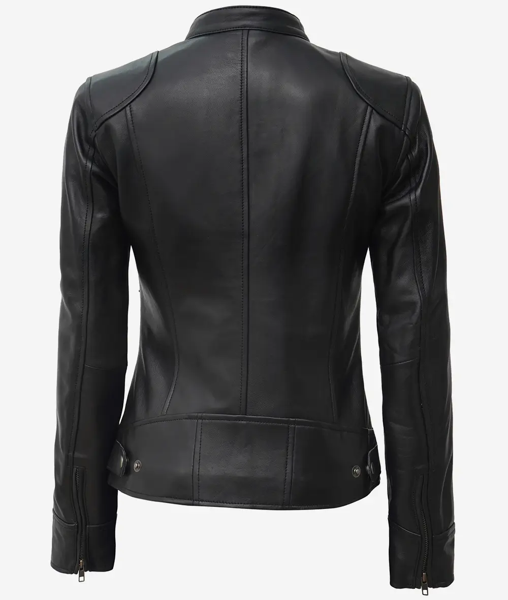 Women's Leather Biker Jacket – Back View Women's black leather biker jacket back view showing fit