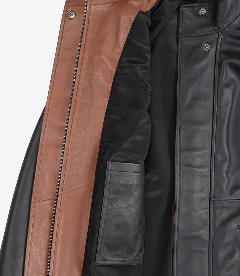 Women's Black Leather Jacket – Collar Detail Close-up of high collar and brown contrast lining on black leather jacket