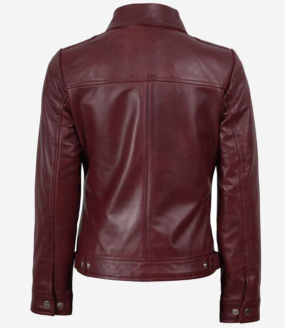Women's Burgundy Biker Jacket – Back View Women's burgundy leather jacket back view showing quilted shoulders
