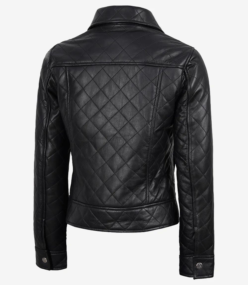 Women's Quilted Leather Jacket – Back View Women's black quilted leather jacket back view
