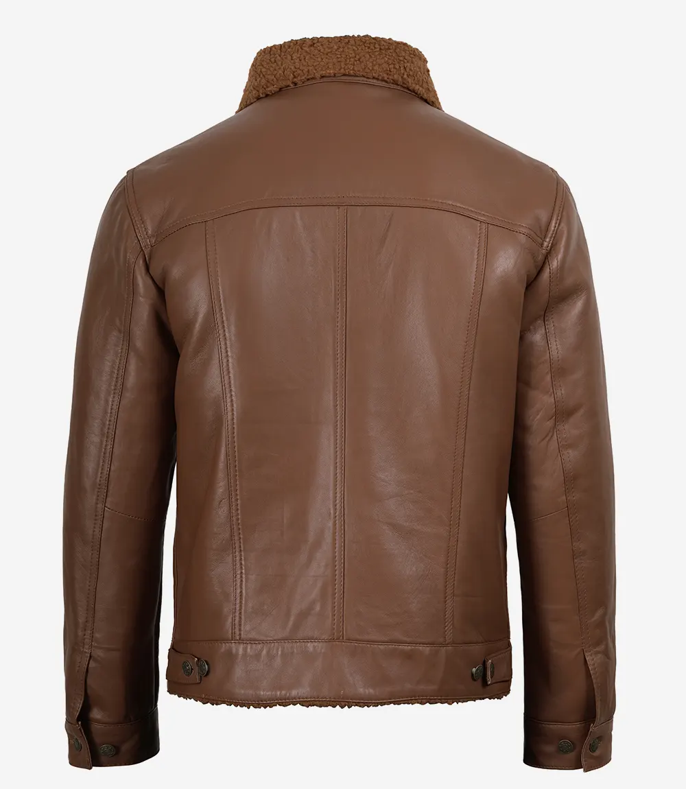 Sherpa Trucker Jacket – Back View Back view of men's cognac Sherpa Trucker Jacket