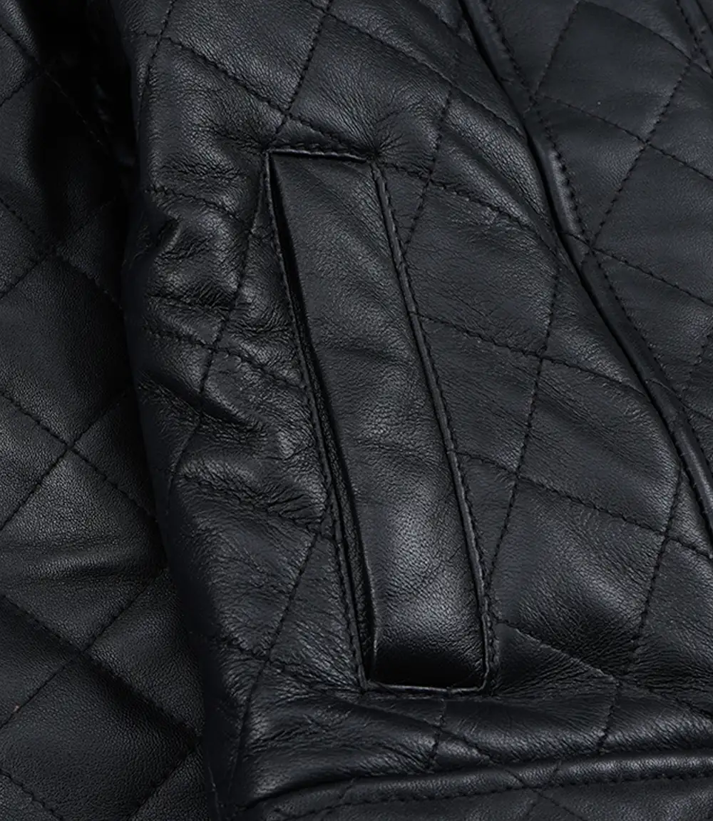 Women's Quilted Leather Jacket – Quilting Detail Close-up of diamond quilted detailing on black leather jacket