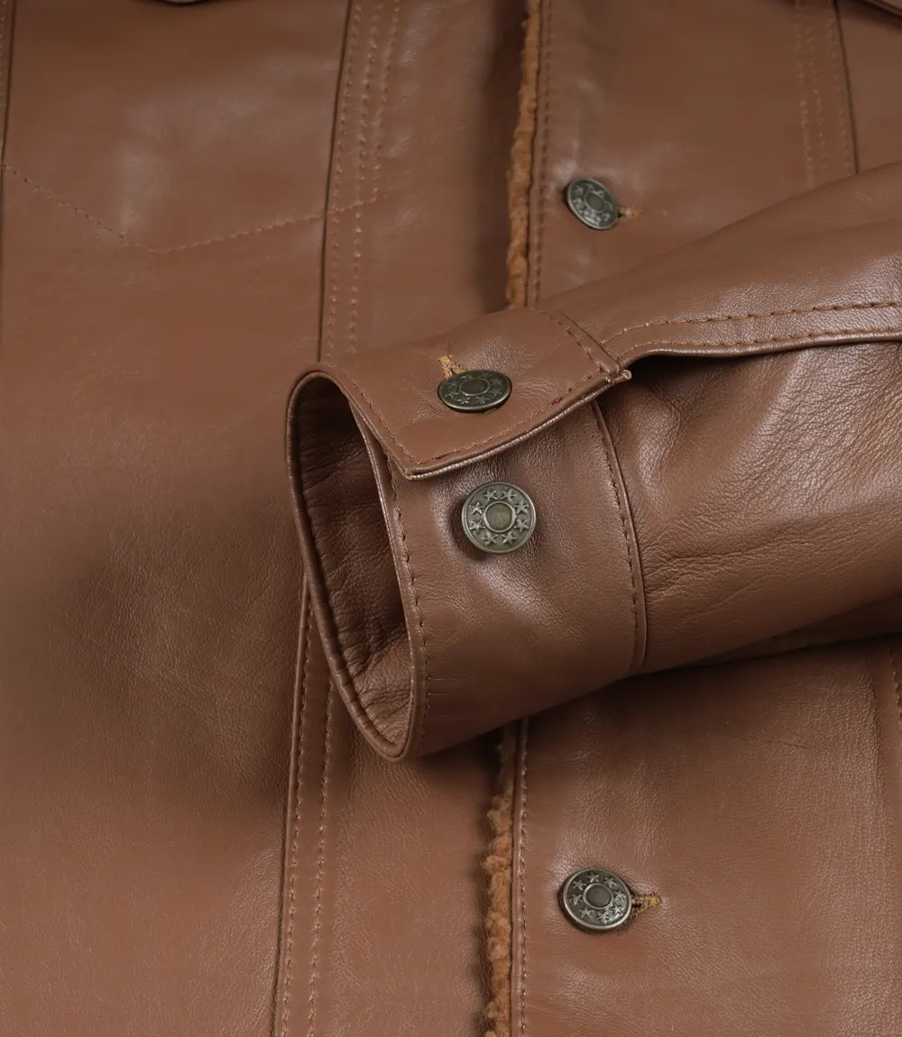 Sherpa Trucker Jacket – Detail Shot Close-up detail of Sherpa Trucker Jacket collar and buttons