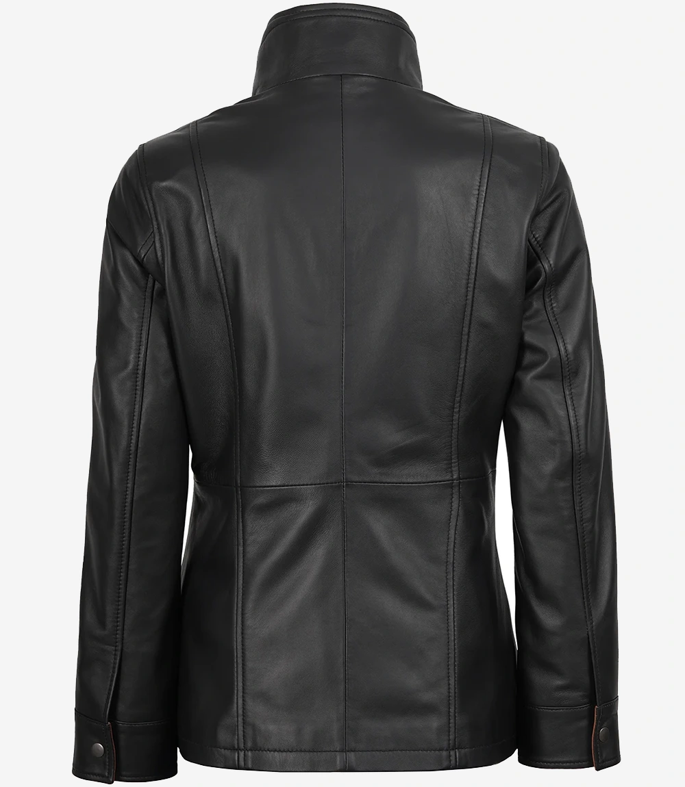 Women's Black Leather Jacket – Back View Women's black leather jacket back view showing tailored fit