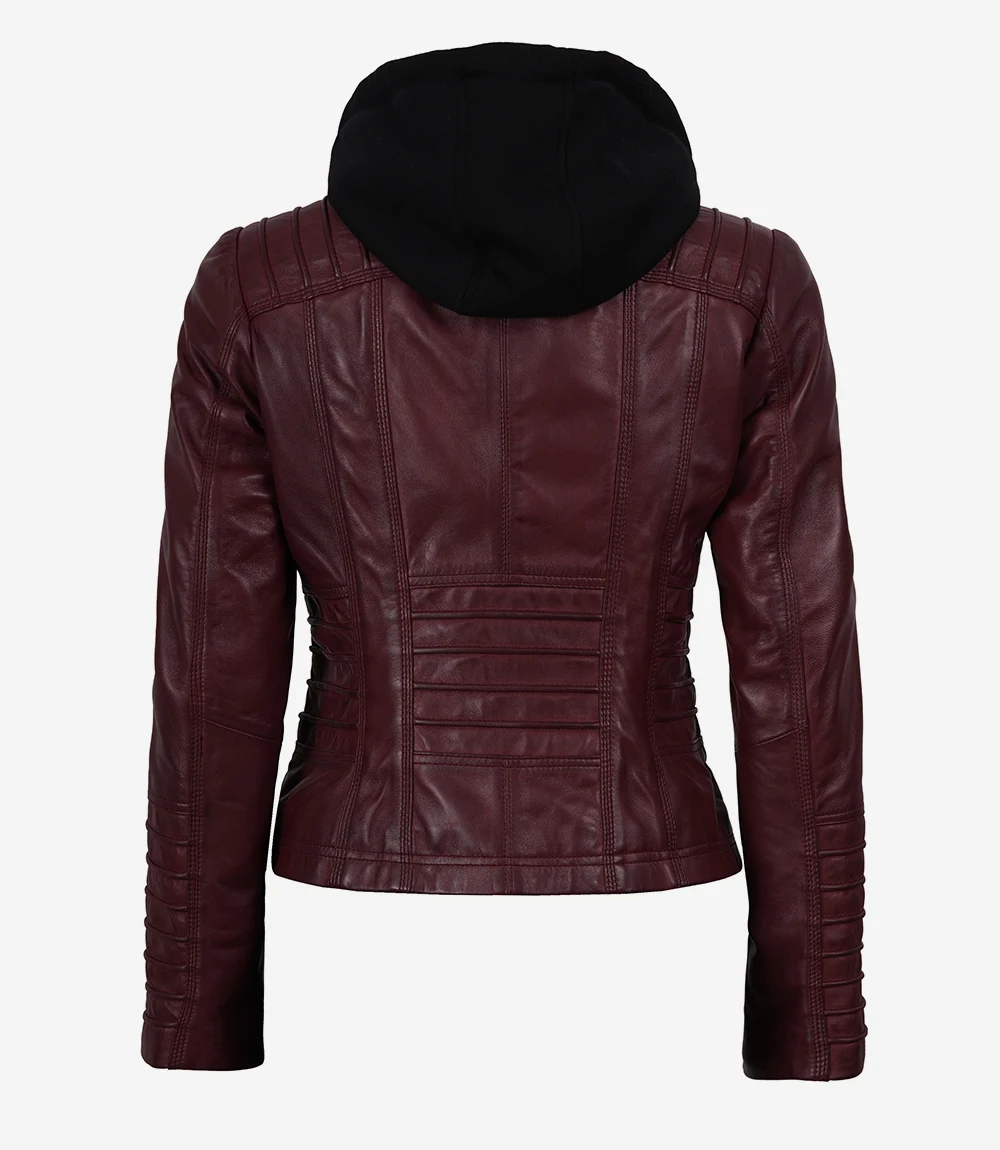 Hooded Biker Jacket – Back View Back view of women's maroon Hooded Biker Jacket