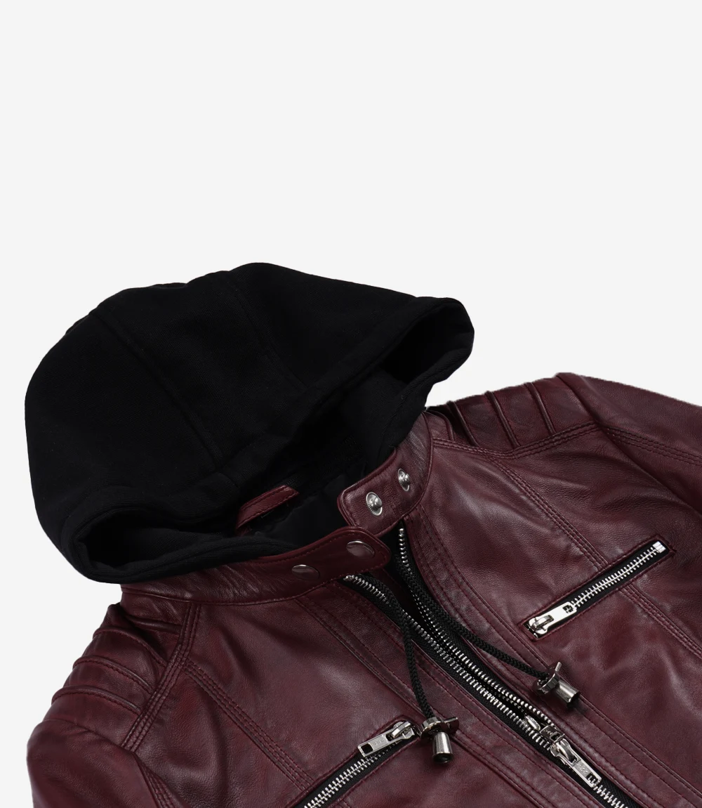 Hooded Biker Jacket – Detail Shot Close-up detail of Hooded Biker Jacket collar and hood
