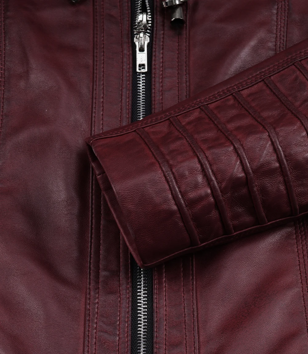 Hooded Biker Jacket – Detail Shot Close-up detail of Hooded Biker Jacket collar and hood