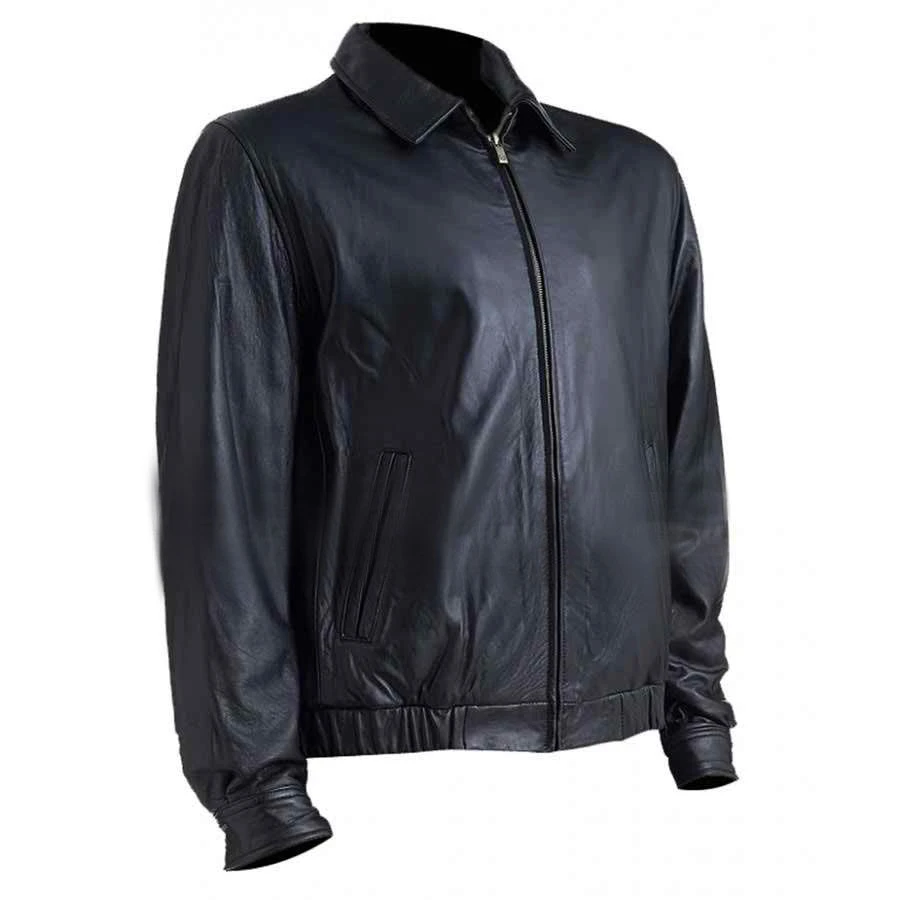 Shirt Collar Bomber Jacket in black leather, men's front view