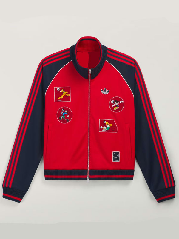Red retro cartoon graphic print track jacket front view