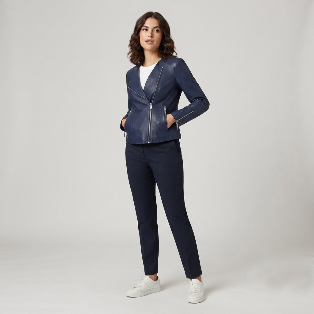 Blue Leather Jacket – Lifestyle Shot Woman wearing blue leather jacket outdoors