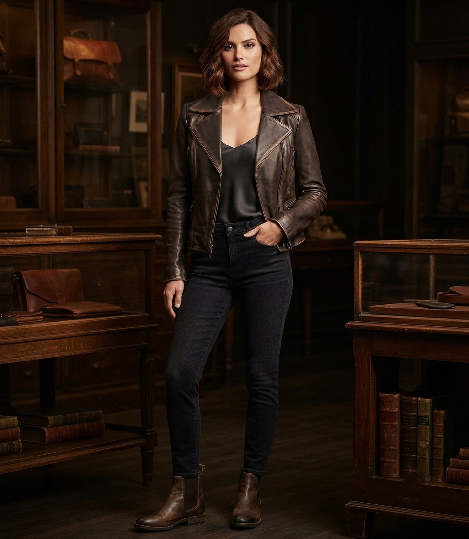 Women's Distressed Leather Jacket – Lifestyle Shot Woman wearing brown distressed leather jacket