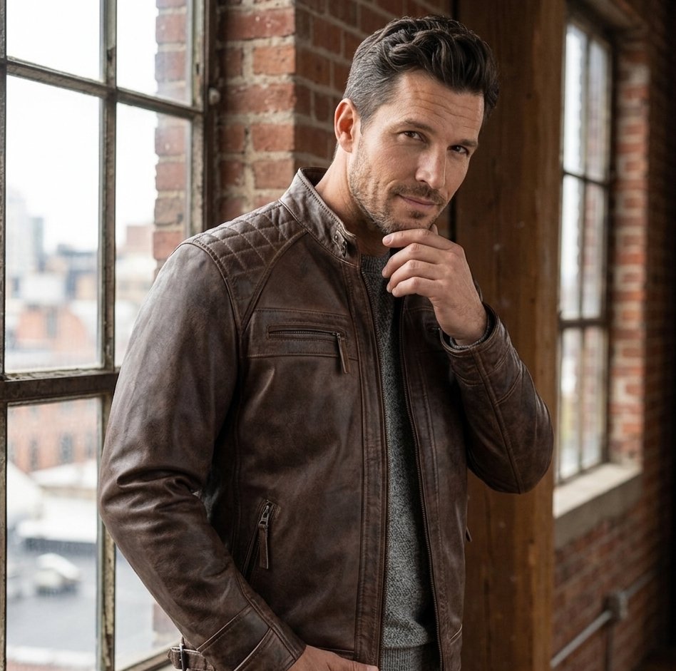 Chocolate Brown Biker Leather Jacket - Lifestyle Shot Man wearing chocolate brown quilted shoulder leather jacket outdoors