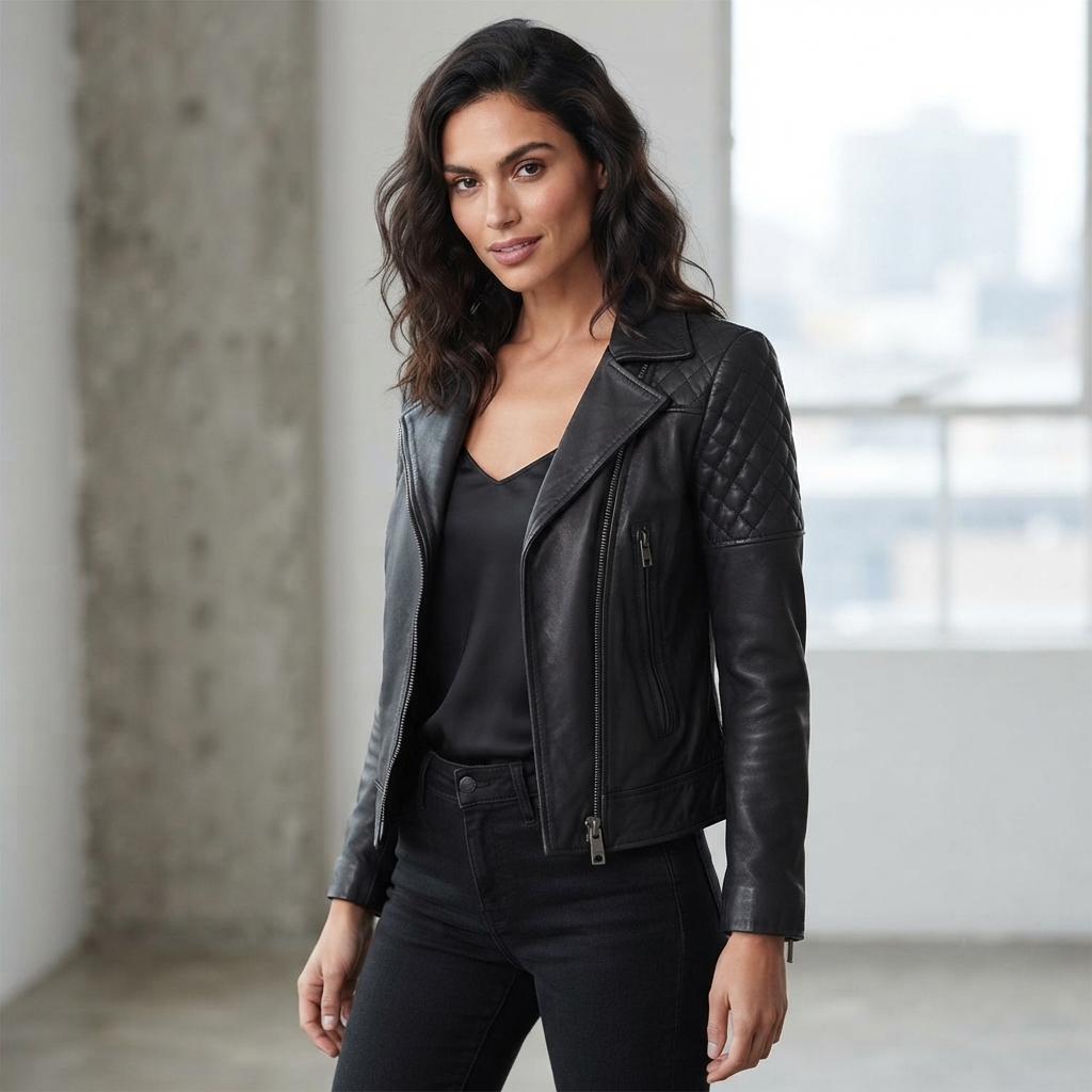 Quilted Asymmetrical Leather Jacket – Lifestyle Shot Woman wearing black Quilted Asymmetrical Leather Jacket