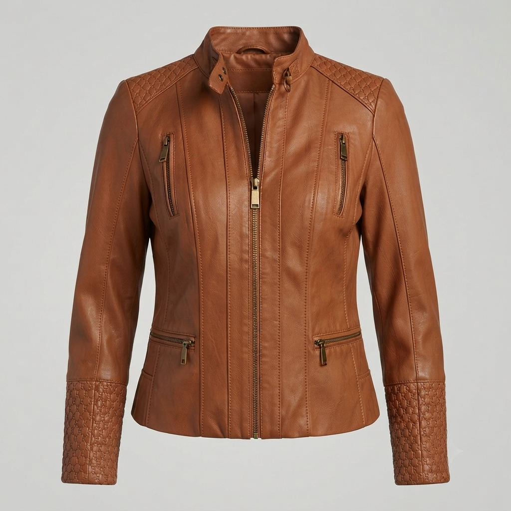 brown motorcycle leather jacket front view
