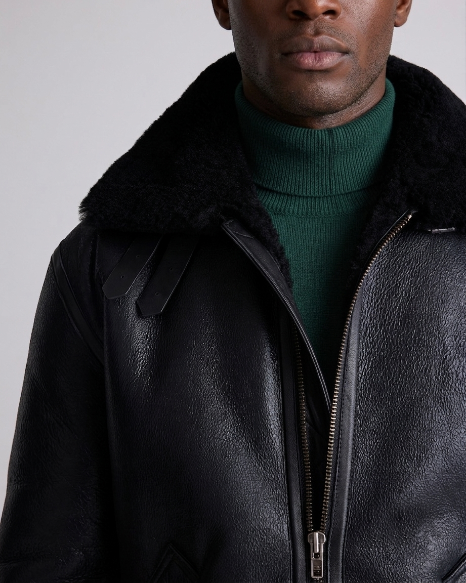 Black Shearling Jacket – Detail Shot Close-up detail of Black Shearling Jacket collar and throat latch